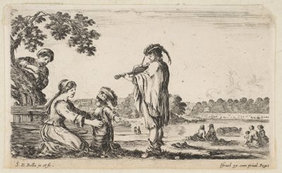 رجل يعزف على الكمان في الوسط ، اتجه نحو اليسار في صورة جانبية ، امرأة جالسة إلى ... ، 1649. بواسطة ستيفانو ديلا بيلا