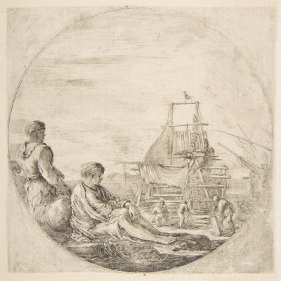 بحار أبيض جالس وبحار أسود يقف الناس يبنون سفينة في الخلف ... ، كاليفورنيا. 1660. بواسطة ستيفانو ديلا بيلا