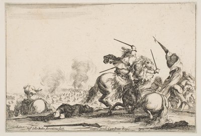 مناوشة ، فرسان يتصارعان بالسيوف إلى اليمين ، رجال يحملون علم الجري ... ، كاليفورنيا. 1645. بواسطة ستيفانو ديلا بيلا