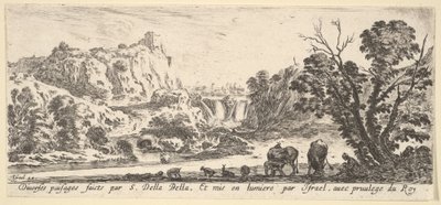 شلال ينزل من الجبال في وسط الخلفية ، حيوانات مختلفة و ... ، كاليفورنيا. 1641. بواسطة ستيفانو ديلا بيلا