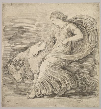 امرأة في ملف شخصي تتراجع عن حبل مربوط حول قرون ثور شاب ، كاليفورنيا. 1660. بواسطة ستيفانو ديلا بيلا