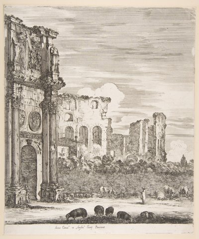 قوس قسطنطين والكولوسيوم مع رعي الأغنام في المقدمة ، من ستة مناظر كبيرة ... ، 1656. بواسطة ستيفانو ديلا بيلا