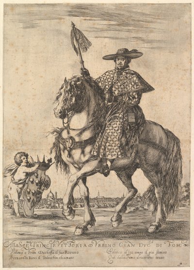 برناردينو ريتشي ، المسمى il Tedeschino ، فوق حصان في المنتصف ، راكبًا نحو اليسار ، عام 1637. بواسطة ستيفانو ديلا بيلا