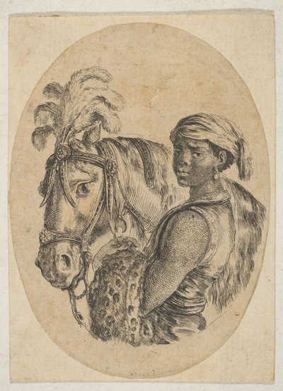 يحمل العبد الأسود حزامًا نمرًا ويحمل لجام حصان ، من عدة رؤوس ... ، 1649-50. بواسطة ستيفانو ديلا بيلا