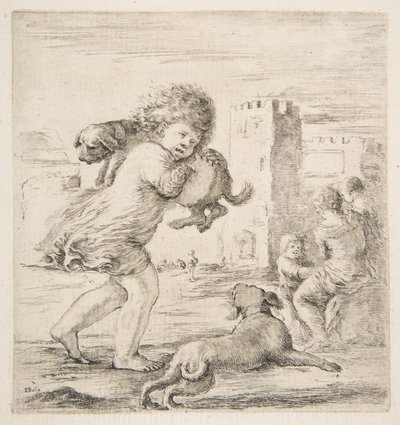 طفل يحمل جروًا على كتفه ، كاليفورنيا. 1662. بواسطة ستيفانو ديلا بيلا