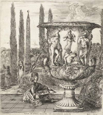 De jonge Cosimo III de Medici tekent de Medici-vaas روما ، في حدائق Medici ، رخام استثنائي (العنوان على الكائن) Gezichten op Rome en omgeving (عنوان السلسلة) Six grandes vues، dont quatre de Rome et deux de la Campagne romaine (عنوان السلسلة) بواسطة ستيفانو ديلا بيلا