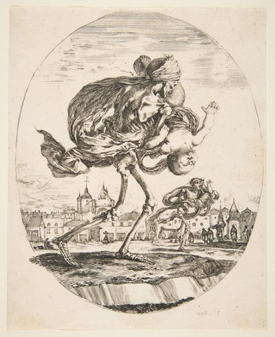 الموت يحمل رضيعًا ، من الوفيات الخمسة Les cinq Morts، ca. 1648. بواسطة ستيفانو ديلا بيلا