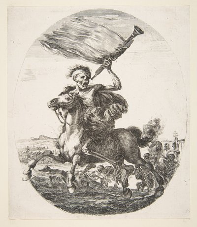 الموت على ظهر الحصان ممسكًا بالبوق ، من الوفيات الخمسة Les cinq Morts، ca. 1648. بواسطة ستيفانو ديلا بيلا