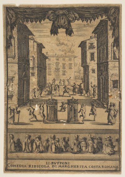 واجهة للكوميديا The Buffoons Li Buffoni ، مجموعة على المسرح تشبه صورة ... ، كاليفورنيا. 1639. بواسطة ستيفانو ديلا بيلا