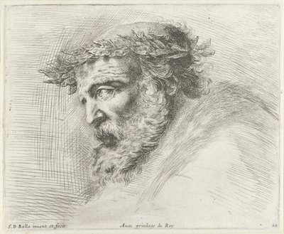 رأس رجل عجوز ذو لحية وإكليل من الغار ، في صورة جانبية إلى اليسار مبادئ الرسم (عنوان السلسلة) I Principii del disegno (عنوان المسلسل) بواسطة ستيفانو ديلا بيلا