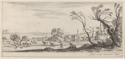 منظر طبيعي مع فلاح يستعد لعبور مجرى مائي ، في عام 1647 أو قبله. بواسطة ستيفانو ديلا بيلا