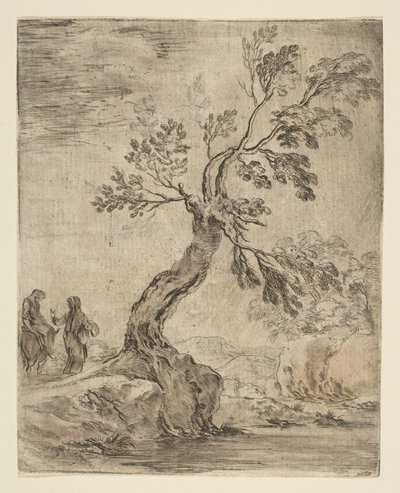 منظر طبيعي مع امرأتين ، واحدة مثبتة على حمار ، كاليفورنيا. 1660. بواسطة ستيفانو ديلا بيلا