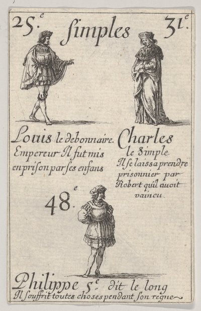 Louis le debonnaire ... Charles le Simple ، من Game of the Kings of France Jeu des Rois ...، 1644. بواسطة ستيفانو ديلا بيلا