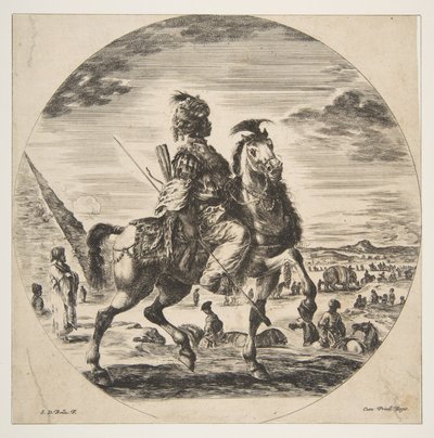 فارس مغربي في الملف الشخصي يواجه اليمين ، في الخلفية هرم على اليسار ، العديد من الملفات ... ، كاليفورنيا. 1651. بواسطة ستيفانو ديلا بيلا