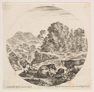 اللوحة 10: حصان مستلق في المنتصف ، بقرة وماعزان على اليمين ، راعان جالسان ... ، كاليفورنيا. 1646. بواسطة ستيفانو ديلا بيلا