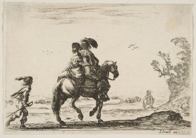 اللوحة 10: فارس وامرأة ينظران من الخلف ، يركبان نحو اليمين مع شاب ... ، 1642. بواسطة ستيفانو ديلا بيلا