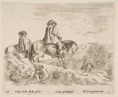 اللوحة 10: فارسان ينزلان من جبل إلى اليسار ، وفارس آخر إلى اليمين في ... ، كاليفورنيا. 1644-47. بواسطة ستيفانو ديلا بيلا