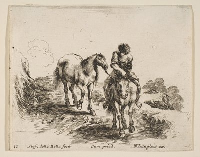 اللوحة 11: فارس صغير يظهر من الأمام يقود حصانًا آخر من الغواص ... 1644-47. بواسطة ستيفانو ديلا بيلا