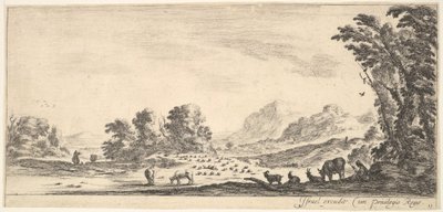 اللوحة 11: راعية تجلس إلى اليمين تحت شجرة ، وتراقب قطيعها إلى اليسار ... ، كاليفورنيا. 1641. بواسطة ستيفانو ديلا بيلا
