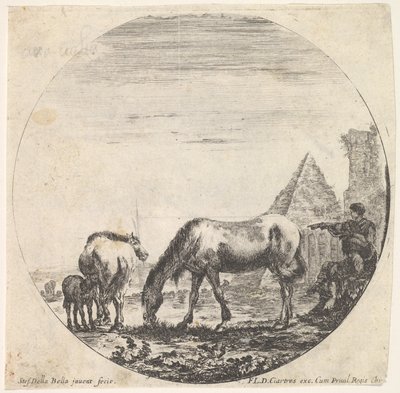 اللوحة 11: هرم كايوس كيستيوس إلى اليمين في الخلفية ، رعي الحصان ... ، كاليفورنيا. 1643-48. بواسطة ستيفانو ديلا بيلا