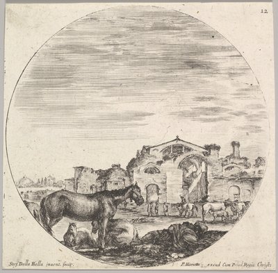 اللوحة 12: راعٍ ينام على الأرض إلى اليمين ، وثلاثة خيول إلى اليسار ، وأخرى ... 1643-48. بواسطة ستيفانو ديلا بيلا