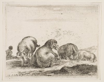 اللوحة 12: خروف وكبش في مرعى من حيوانات مختلفة Diversi animali، ca. 1641. بواسطة ستيفانو ديلا بيلا
