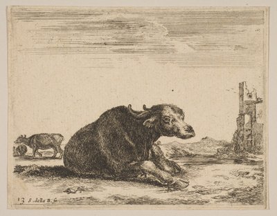 اللوحة 13: جاموس مستلقي من حيوانات مختلفة Diversi animali، ca. 1641. بواسطة ستيفانو ديلا بيلا