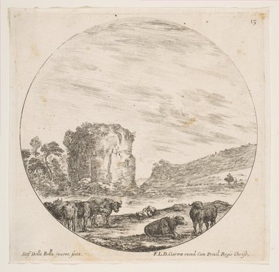 اللوحة 13: أطلال معبد في منظر روماني ، من مناظر طبيعية رومانية وآثار P ...، ca. 1646. بواسطة ستيفانو ديلا بيلا