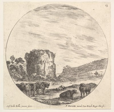 اللوحة 13: أنقاض معبد قديم في الخلفية ، قطيع من الأبقار في الأمام ... ، كاليفورنيا. 1643-48. بواسطة ستيفانو ديلا بيلا