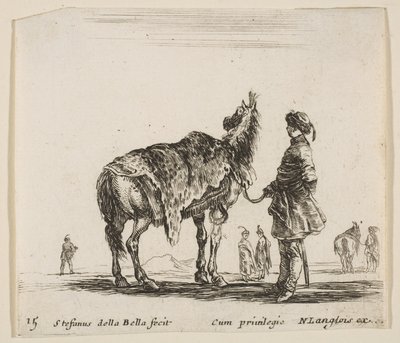 اللوحة 15: أحد النبلاء البولنديين ، متجهًا بعيدًا ، ممسكًا حصانه مغطى بجلد النمر ... ، كاليفورنيا. 1644-47. بواسطة ستيفانو ديلا بيلا