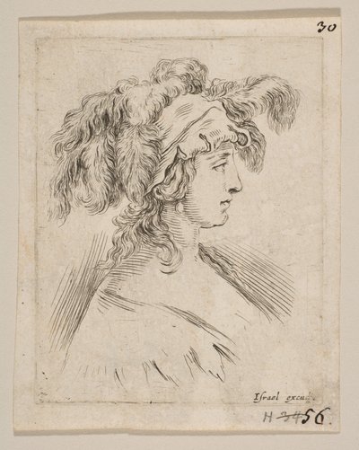 اللوحة 15: تمثال نصفي لامرأة شابة في ملف شخصي يرتدي قبعة مغطاة بالريش ، ... 1649. بواسطة ستيفانو ديلا بيلا