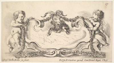 اللوحة 17: خرطوشة بمركز من الرخام ، وطفل رضيع على جانبيها يحمل إكليل ... ، 1646. بواسطة ستيفانو ديلا بيلا