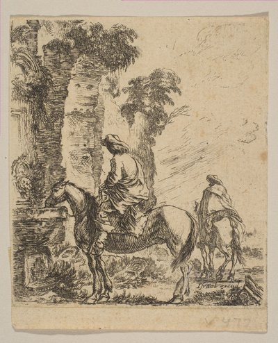 اللوحة 19: منظر طبيعي مع فارس سقي حصانه في نافورة ، من مختلف الأشكال ... ، كاليفورنيا. 1646. بواسطة ستيفانو ديلا بيلا