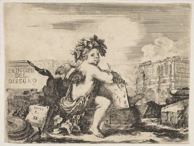اللوحة 1: عبقرية الرسم ، طفل بأجنحة ، يجلس على صخرة في مركز الدور ... ، كاليفورنيا. 1641-43. بواسطة ستيفانو ديلا بيلا