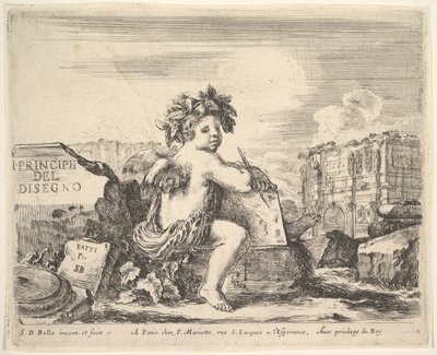اللوحة 1: عبقرية الرسم ، طفل بأجنحة ، جالس على صخرة في الوسط تحول ... ، كاليفورنيا. 1641. بواسطة ستيفانو ديلا بيلا