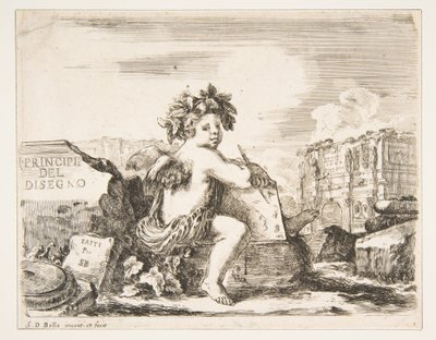 اللوحة 1: عبقرية الرسم ، طفل بأجنحة ، يجلس على صخرة في مركز الدور ... ، كاليفورنيا. 1641-43. بواسطة ستيفانو ديلا بيلا