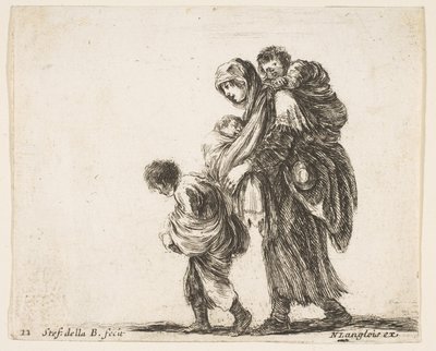 اللوحة 22: امرأة متسولة لديها ثلاثة أطفال وطفل واحد على كتفيها وطفل واحد ... 1644-47. بواسطة ستيفانو ديلا بيلا