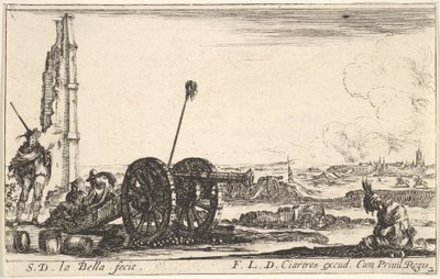 اللوحة 2: مدفع إلى اليسار ، بلدة في الخلفية ، من كابري عسكرية مختلفة ... ، كاليفورنيا. 1641. بواسطة ستيفانو ديلا بيلا