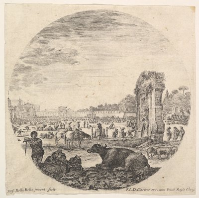 اللوحة 2: Campo Vaccino ، جاموس واثنين من الرعاة في الوسط ، Fontanone للتلاعب ... ، كاليفورنيا. 1643-48. بواسطة ستيفانو ديلا بيلا