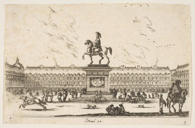اللوحة 3: La Place Royale ، تمثال الفروسية لويس الثالث عشر في ملف تعريف يواجه اليسار في عام 1642 م. بواسطة ستيفانو ديلا بيلا