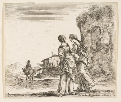 اللوحة 3: فتاتان تمشيان نحو اليسار ، تُرى من الخلف ، امرأة على جواد ت ... ، كاليفورنيا. 1644-47. بواسطة ستيفانو ديلا بيلا