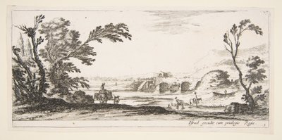 اللوحة 3: فارسان يعبران نهرًا إلى اليمين ، امرأة تحمل سلتين فوق دونك ... ، كاليفورنيا. 1641. بواسطة ستيفانو ديلا بيلا