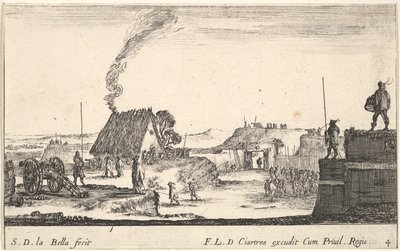 اللوحة 4: معسكر عسكري مع جندي يقف على حاجز على الضربات اليمنى ... ، كاليفورنيا. 1641. بواسطة ستيفانو ديلا بيلا