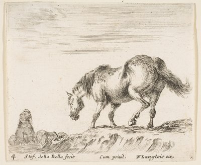 اللوحة 4: حصان في صورة جانبية يواجه اليسار ، على وشك النزول من تل ، حصان ... ، كاليفورنيا. 1644-47. بواسطة ستيفانو ديلا بيلا