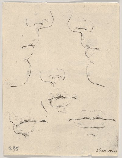 اللوحة 4: ملفان شخصيان وثلاثة أفواه ، من كتاب التعلم لرسم Livre po ...، ca. 1649. بواسطة ستيفانو ديلا بيلا