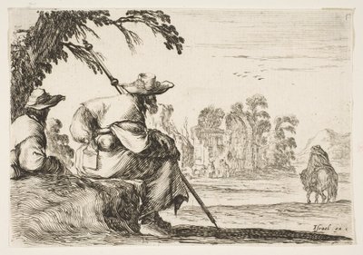 اللوحة 5: حاجان يرتديان القبعات إلى اليسار ، من الخلف ، برج ركوب فارس ... ، 1642. بواسطة ستيفانو ديلا بيلا