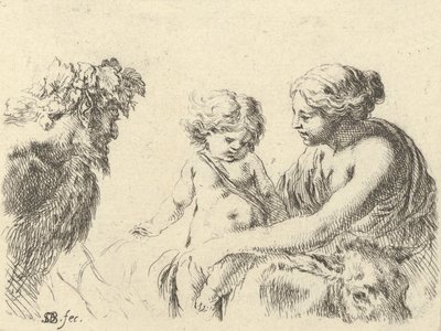 اللوحة 6: امرأة على اليمين تحمل طفلها الجالس فوق حمار ، وساتير عند ... ، كاليفورنيا. 1646. بواسطة ستيفانو ديلا بيلا