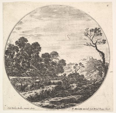 اللوحة 6: الأبقار تعبر الوادي إلى اليسار ، ومجموعة من الأشجار إلى اليسار ، وفارس و ... 1643-48. بواسطة ستيفانو ديلا بيلا