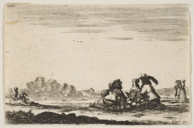 اللوحة 7: نبلان يجلسان في المركز ، يُنظر إليهما من الخلف ، يتحدثان مع بحر نبيلة ... ، 1642. بواسطة ستيفانو ديلا بيلا