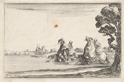 اللوحة 8: فارسان يرتديان قبعات على اليمين ، كل منهما امرأة جالسة خلفهما ، راكبة ... 1642. بواسطة ستيفانو ديلا بيلا